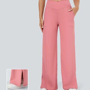 Halara Crossover Pocket Split Hem Wide Leg Yoga Pants-Smile Candy Pink XL
